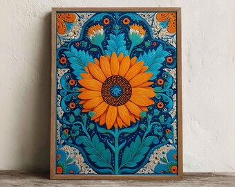 Mexican Folk Art Printable, Sunflower Talavera Bloom Print, Bohemian Living Room Decor