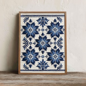 Puede incluir: Una pieza de arte mural rectangular que presenta un tejido con un patrón repetitivo de flores y estrellas en azul oscuro sobre un fondo color crema, encerrada en un marco de madera marrón claro simple con un borde de líneas rectas.