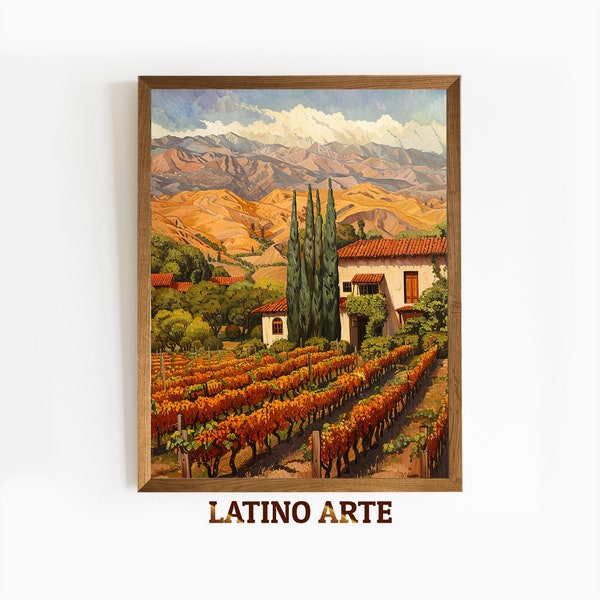 Printable Hispanic Wall Art, Pisco Vineyard in Latin America Print, Mexican Landscape Painting, Latin Art, Digital Download