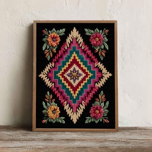 Puede incluir: Una pieza de arte mural rectangular enmarcada que presenta un patrón geométrico central en forma de diamante en tonos magenta, verde azulado, amarillo y crema sobre un fondo negro, con cuatro grupos florales en las esquinas con pétalos naranjas y rosas.