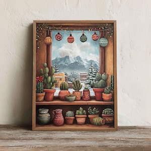May include: A framed painting depicts a window scene with cacti in terracotta pots on a shelf. The window reveals a snowy mountain landscape and hanging Christmas ornaments. The artwork is in warm tones, with a wooden frame.