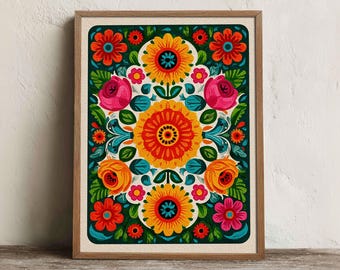 Mexican Floral Print, Printable Otomi Sunflower Wall Art, Digital Download