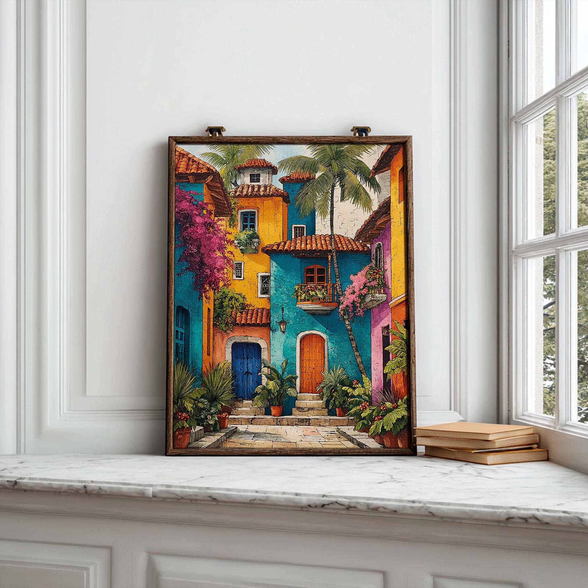 絵画 70s Mexico art Mexico Travel Print, Printable Colorful Colonial Street Wall Art