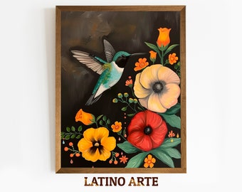 Floral Hummingbird Mexican Art Print: Tropical Colibri Painting (Digital Download)