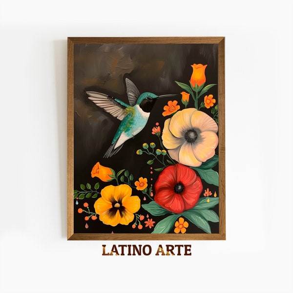 Printable Floral Hummingbird Mexican Wall Art, Tropical Colibri Print, Hispanic Painting, Latin Wall Art, Digital Download