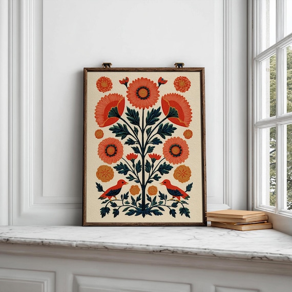 Otomi Floral Print, Printable Mexican Folk Art Wall Art, Digital