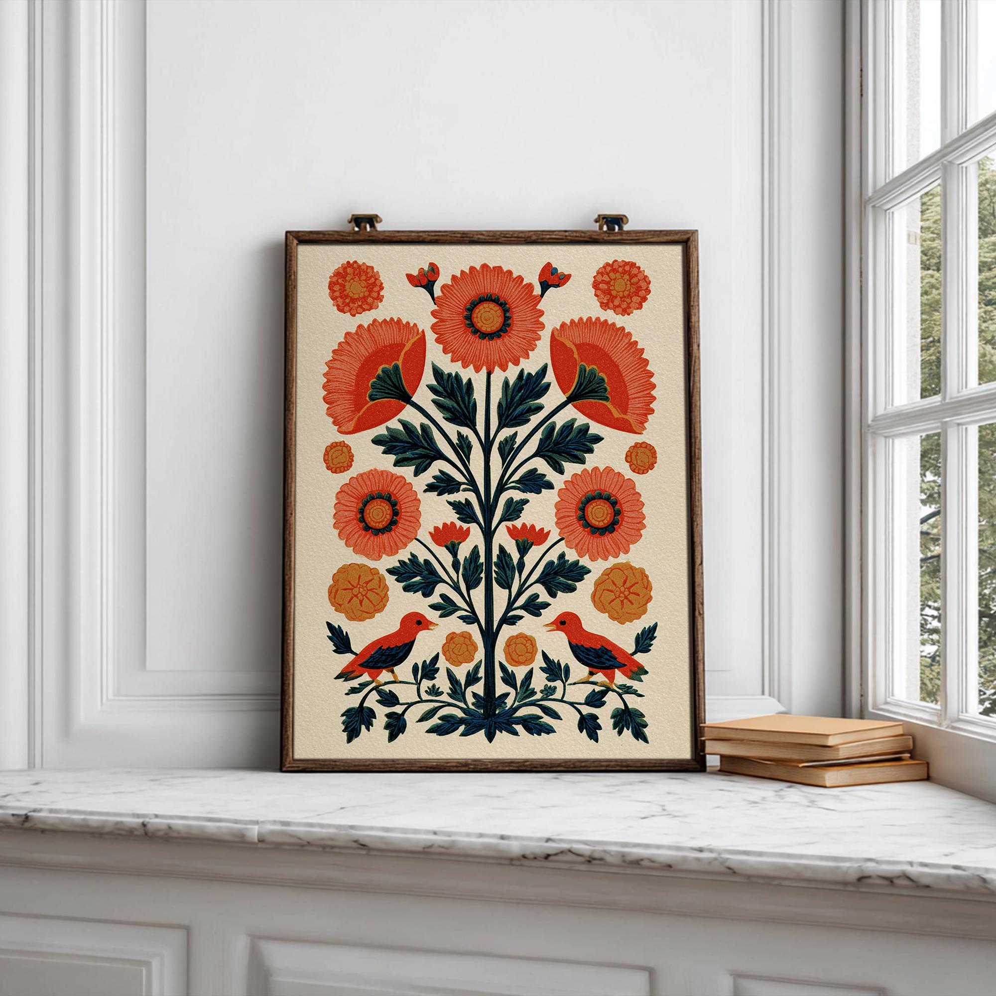 Otomi Floral Print, Printable Mexican Folk Art Wall Art, Digital