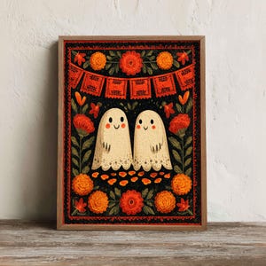 Day Of The Dead Ghosts Print, Printable Folk Halloween Wall Art, Digital Download