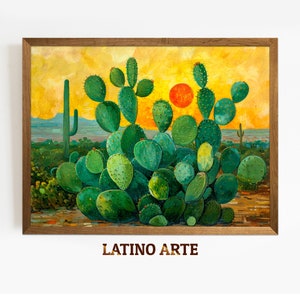 Druckbare mexikanische Wandkunst, Kakteen in der mexikanischen Wüste, digitale lateinamerikanische Kunst, Hispanic Print, traditionelle mexikanische Volkskunstmalerei