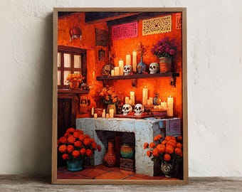 Dia de los Muertos Wall Art Printable, Ofrenda Altar Sugar Skull Print, Festive Living Room Decor