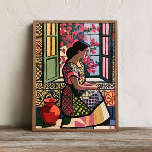 Mexican Golden Tile Window Wall Art Printable, Modern Folk Portrait Print, Bohemian Kitchen Decor
