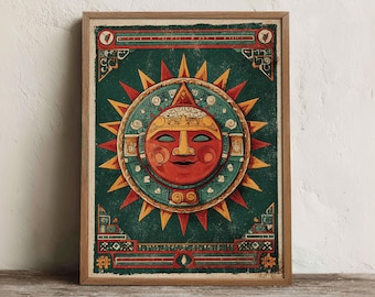 Mexican Sun Print, Printable Aztec Folk Wall Art, Digital Download