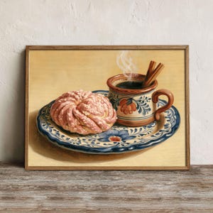 May include: An oil painting depicting a pink swirled pastry on a blue and white floral patterned ceramic plate next to a matching mug filled with a dark beverage and two cinnamon sticks, set against a warm, light-colored background.