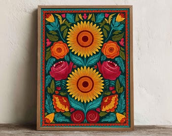 Mexican Sunflower Print, Printable Folk Floral Wall Art, Digital Download