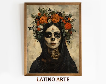 May include: A digital painting of a woman with a sugar skull makeup design. She is wearing a black shawl and a floral crown with orange and white flowers. The background is a textured beige.