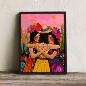 Mexican Folk Art Wall Art, Three Women Embrace, Latin Bohemian Print, Digital Download