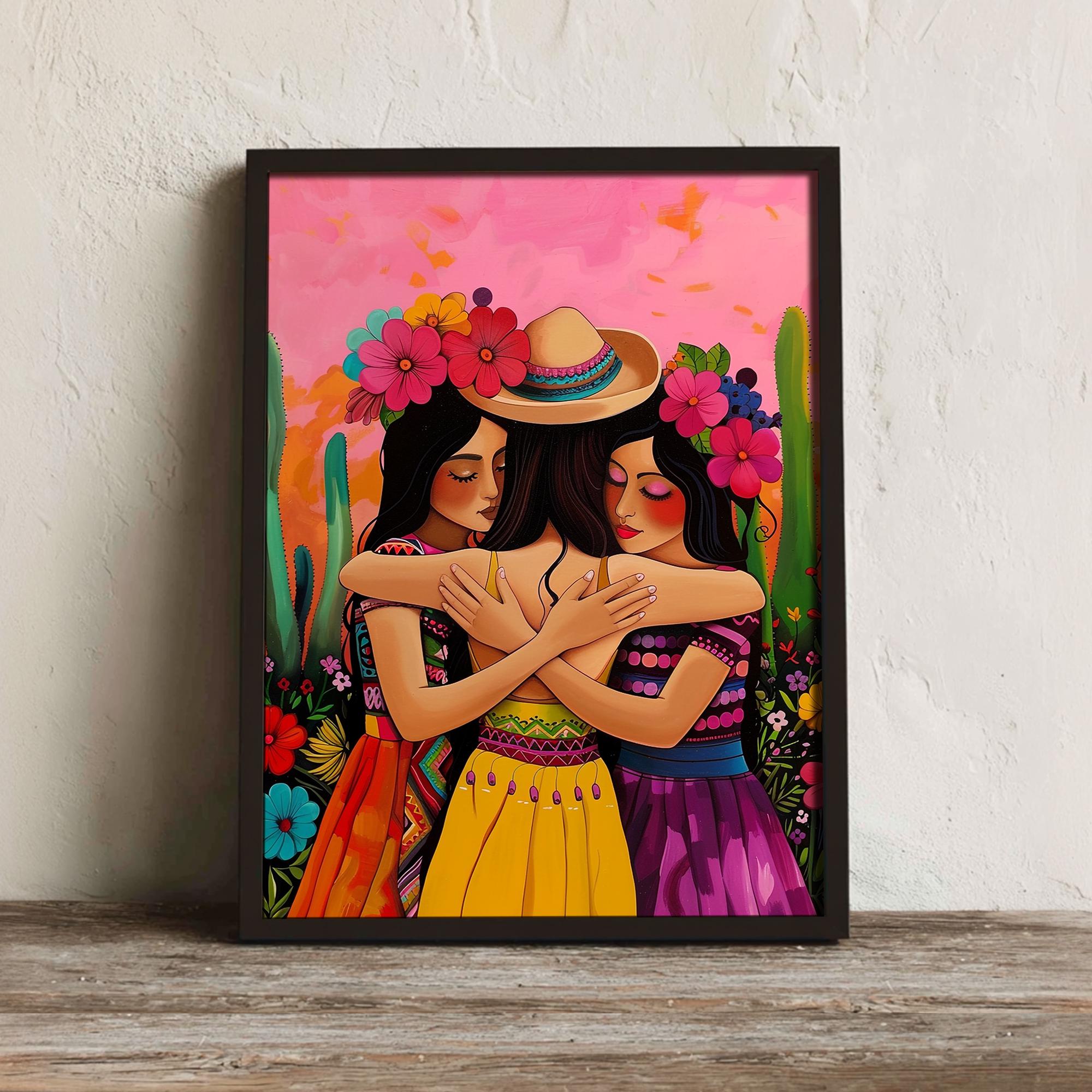 Mexican Folk Art Wall Art, Three Women Embrace, Latin Bohemian