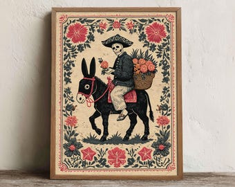 Day Of The Dead Skeleton Print, Printable Mexican Folk Wall Art, Digital Download