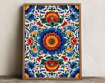 Afdrukbare Mexicaanse volkskunst, Otomi-bloempatroonprint, boho-woonkamerdecoratie
