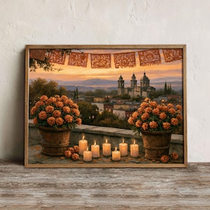 Dia de los Muertos Wall Art Printable, Papel Picado Marigold Print, Living Room Decor