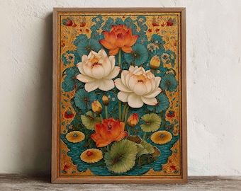 蓮の花の壁掛けアートプリント、ヴィンテージ風の花柄植物画、ボヘミアン風リビングルーム装飾