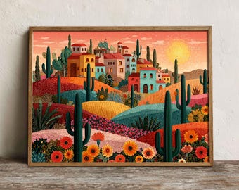 Mexican Desert Print, Printable Cactus Landscape Wall Art, Digital Download