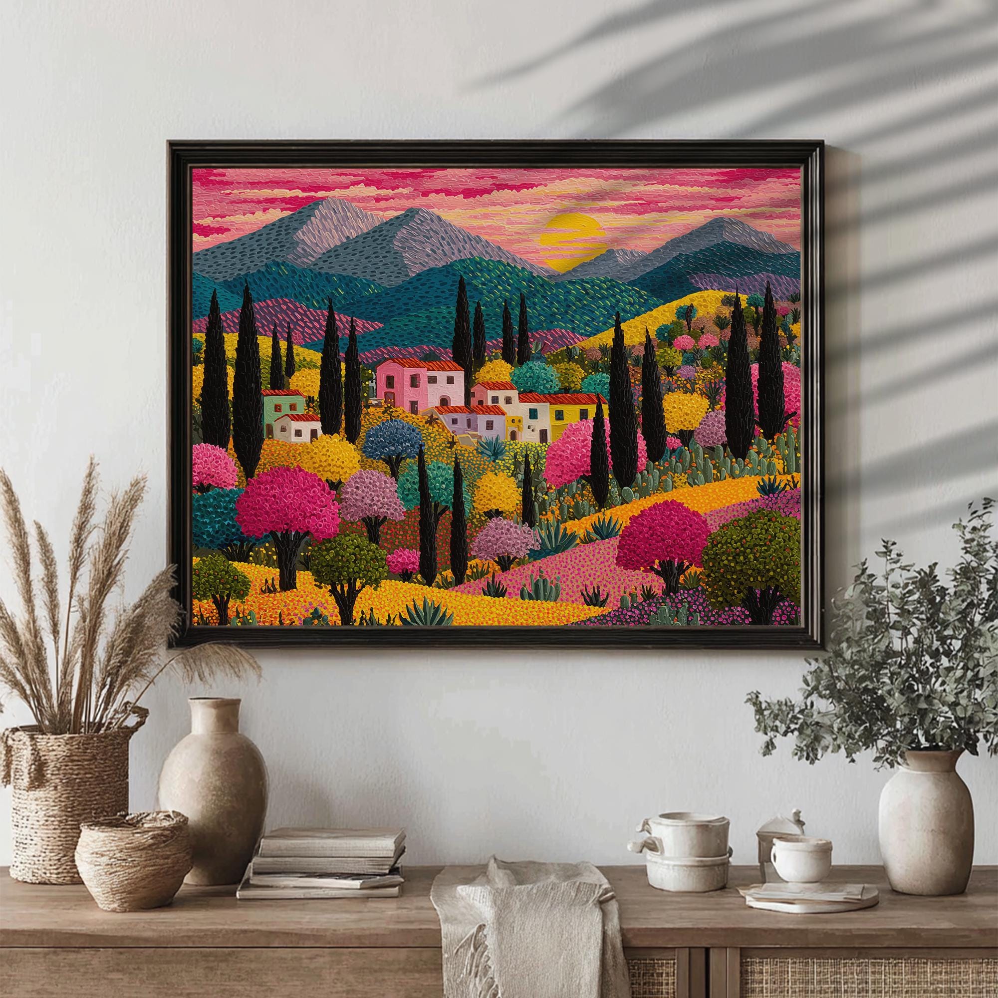 Mexican Countryside Print, Printable Colorful Village Wall Art