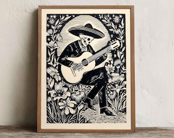 Mexican Skeleton Musician Print, Printable Folk Guitar Wall Art, Digital Download