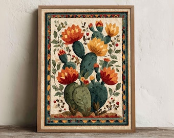Mexican Cactus Print, Printable Talavera Folk Wall Art, Digital Download