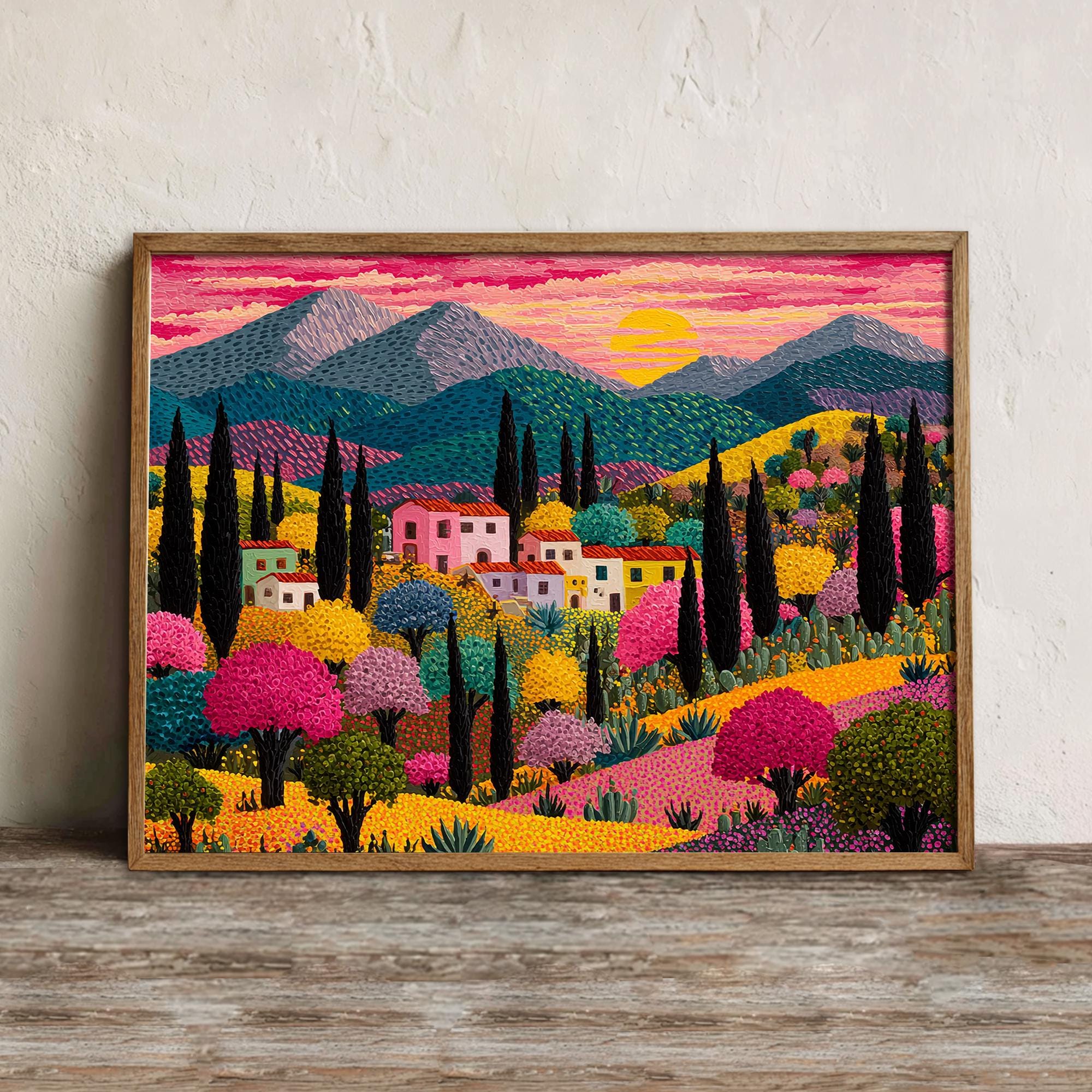 Mexican Countryside Print, Printable Colorful Village Wall Art