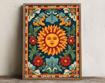 Mexican Sun Print, Printable Talavera Floral Wall Art, Digital Download