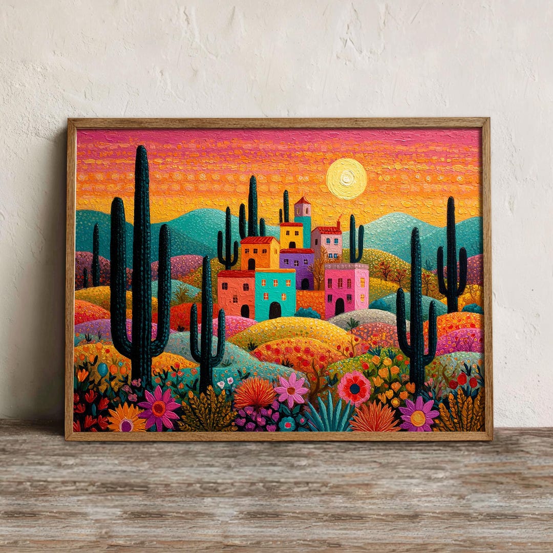 Mexican Sunset Print, Printable Cactus Landscape Wall Art, Digital