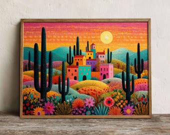 Mexican Sunset Print, Printable Cactus Landscape Wall Art, Digital Download