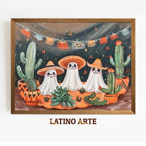 Cactus Ghost Halloween Printable Mexican Wall Art, Digital Hispanic Print, Latin Painting