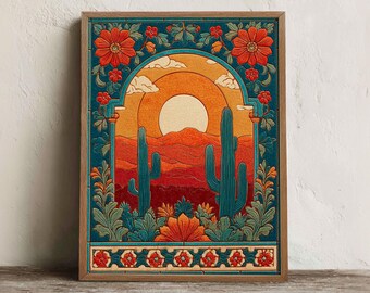 Mexican Desert Sunset Print, Printable Talavera Cactus Wall Art, Digital Download