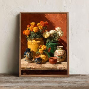 May include: A framed still life painting depicting a collection of vases and pots filled with colourful flowers. The flowers are in shades of orange, yellow, and white. The vases are in various colours and designs, set against a red background.