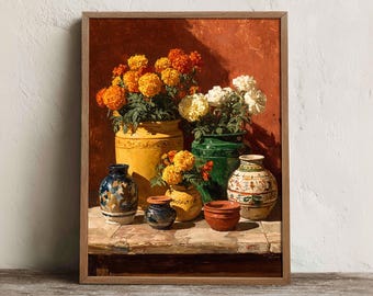 Mexican Pottery Print, Printable Marigold Floral Wall Art, Digital Download