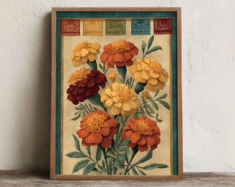 Mexican Marigold Print, Printable Papel Picado Flower Wall Art, Digital Download