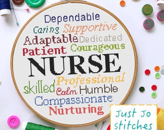 May include: A white embroidery hoop with the word "NURSE" in large black letters surrounded by a circle of words describing the qualities of a nurse, including "dependable", "caring", "supportive", "adaptable", "dedicated", "patient", "courageous", "skilled", "professional", "calm", "humble", "compassionate", and "nurturing". The words are in different colours. The hoop is on a white surface with colourful buttons and embroidery floss scattered around it. The text "Just Jo stitches" is in the bottom right corner of the image.