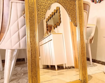 Handmade Moroccan Brass Mirror-Arched Ornate Wall Decor-Large Gold Engraved Metal Mirror-Traditional Moorish Design-Handcrafted in Marrakech