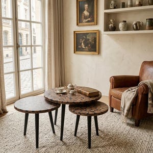 Peut inclure: Un ensemble de trois tables gigognes rondes dont les plateaux sont composés de tranches de bois circulaires avec des joints sombres, reposant sur trois pieds noirs fuselés. Les tables sont disposées en groupe avec une théière et un livre.