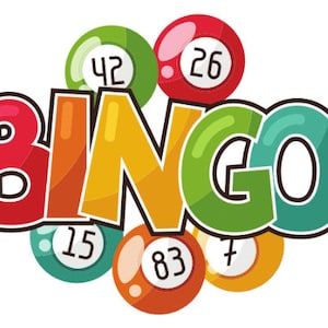 May include: A colorful illustration of the word "BINGO" with red, orange, yellow, green, and blue letters. There are six bingo balls with numbers on them surrounding the word.