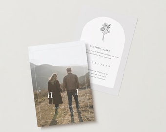 foto bruiloft uitnodiging save the date rsvp template canva design sjabloon personalisatie trouwen minimalistisch beige bloem wedding