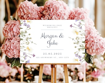 Welkomstbordsjabloon, direct downloaden, canva, bloemen, template, bruiloft tijdlijn, bar menu, diner menu, seating chart, pastel, sjabloon