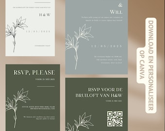 bruiloft uitnodiging save the date RSVP canva template sjabloon wedding template download personaliseren invitation sjabloon modern groen