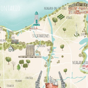 Niagara Region Karte Ontario Kanada, Illustrierte Karte, Kartenillustration, Niagara Karte, Kartenkunst,Port Dalhousie,Welland, Fort Erie,