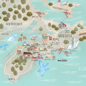 Carte illustrée de la Nouvelle-Écosse, art mural, carte du Canada, homard, cadeau de vin, province, Donair, chaudrée de fruits de mer, carte de la province canadienne