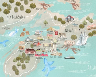 May include: Watercolor map of Atlantic Canada featuring Nova Scotia, New Brunswick, and Prince Edward Island. The map highlights vineyards, landmarks, and coastal features like the Bay of Fundy and Northumberland Strait. Includes illustrations of lobsters, whales, and a lighthouse.