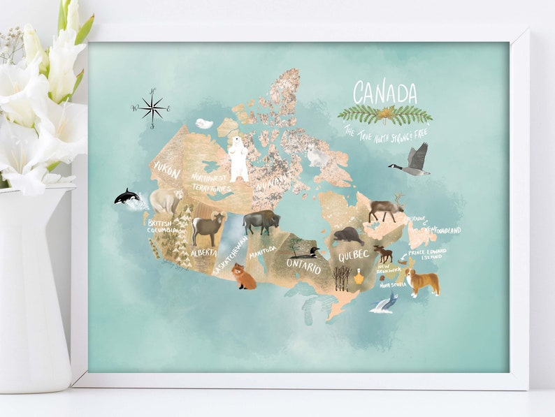 Canadian Map Watercolor Art Print Canada Map Nursery Art Etsy