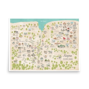 Carte illustrée de la région viticole du Niagara, aquarelle et impression numérique - 36 x 14, 18 x 24, 24 x 36 pouces, cadeau parfait pour les amateurs de vin et les voyageurs
